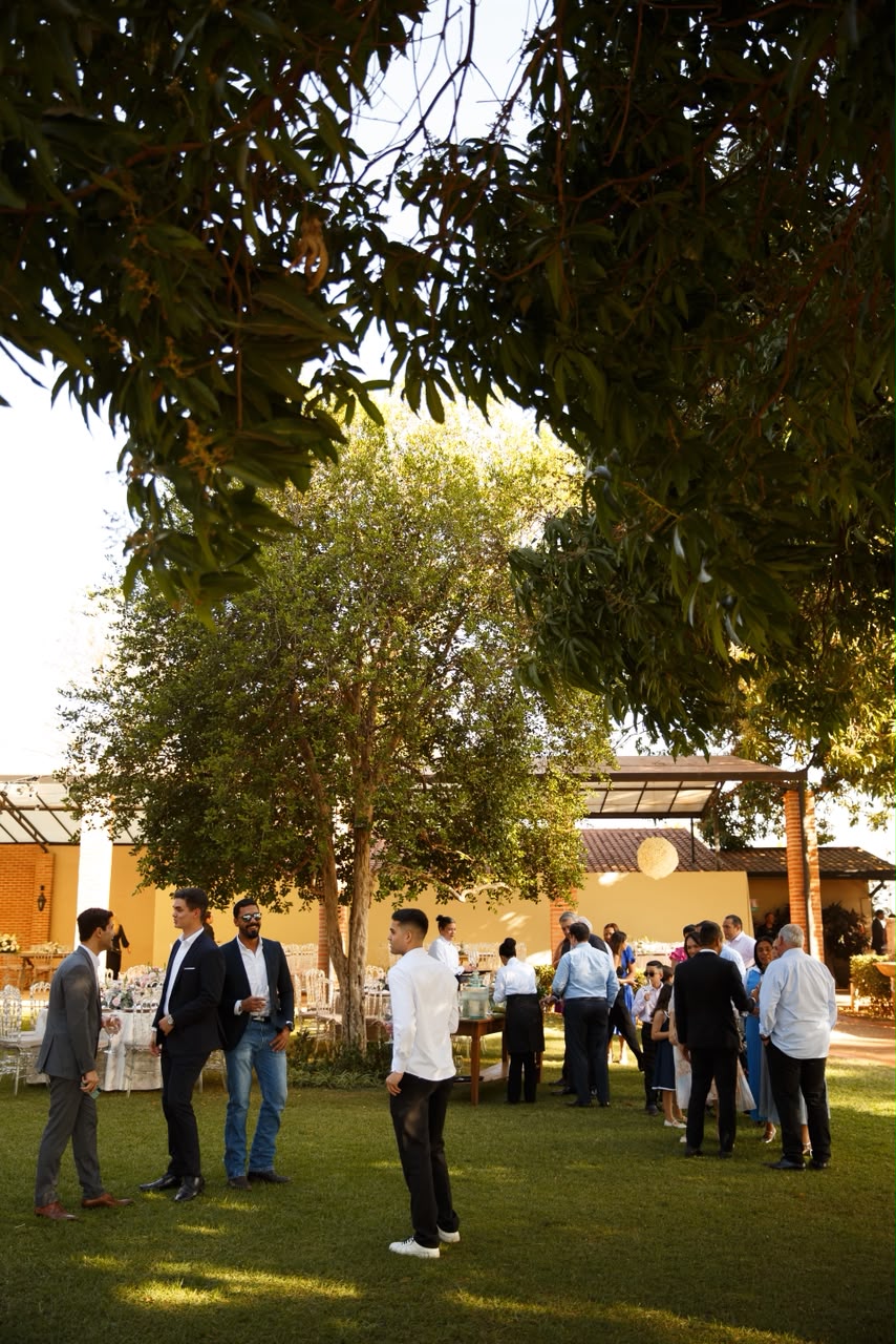 Convidados confraternizando sob as árvores ao entardecer